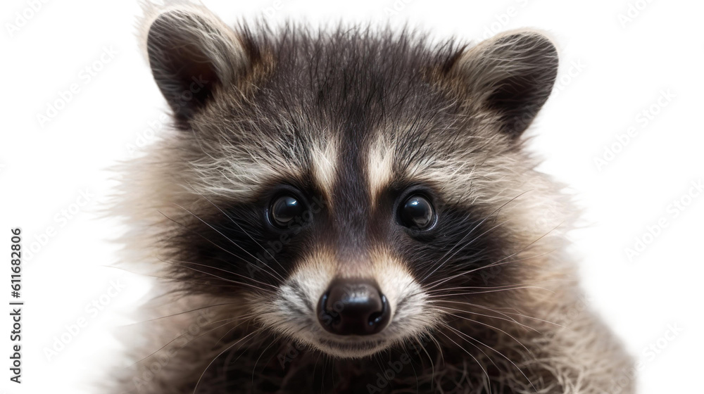 Close up of a baby raccoon isolated on white transparent background