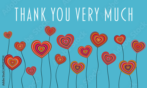 Thank you very much - Schriftzug in englischer Sprache - Vielen Dank. Danksagungskarte mit bunten Herzblumen.
