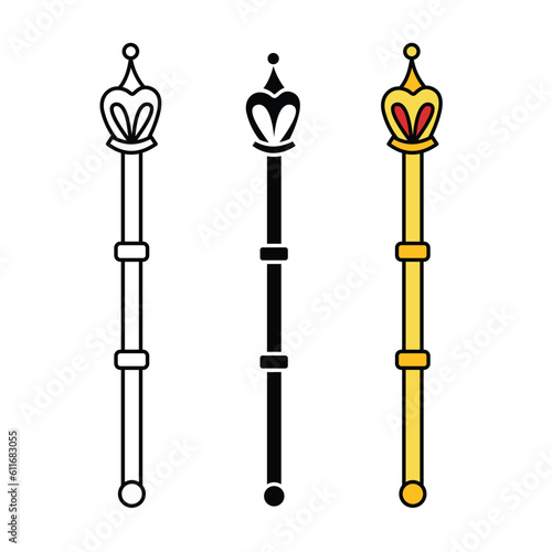 Three Fantasy kingdom kings golden yellow stuff vector icon silhouette set isolated on square white background. Simple flat minimalist cartoon art styled drawing.
