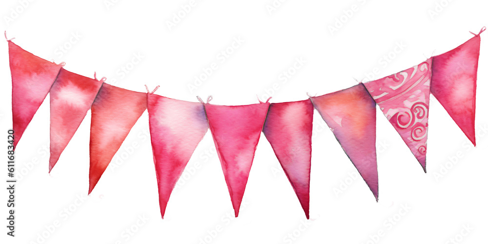 Obraz premium slightly hanging string of pink pennant in watercolor isolated against transparent background