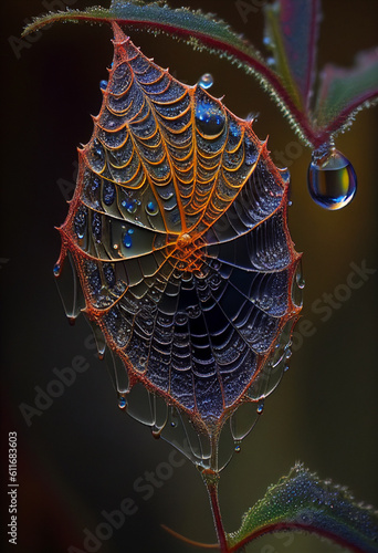 A web that has been hit by water droplets. AI Generated