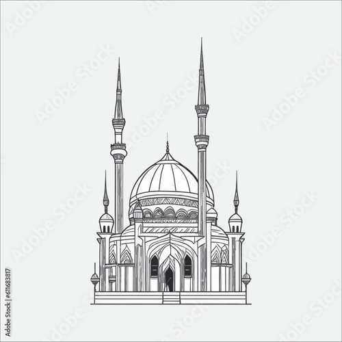 line art style of mosque in balck color isolated white color
