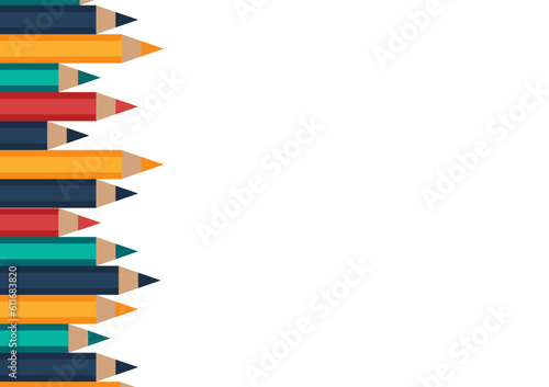 Back to school and education concept. Set of sharpened colored pencils or crayons on white background with copy space. Flat design for a banner. The art and study pictures in the classroom.