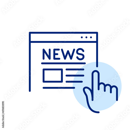 Reading news online from digital media source. Finger tapping on browser. Pixel perfect, editable stroke icon