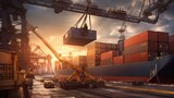 Crane lifting heavy cargo into a shipping container at a bustling port, symbolizing global trade and commerce. Generative ai.