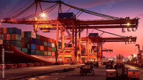Crane lifting heavy cargo into a shipping container at a bustling port  symbolizing global trade and commerce. Generative ai.