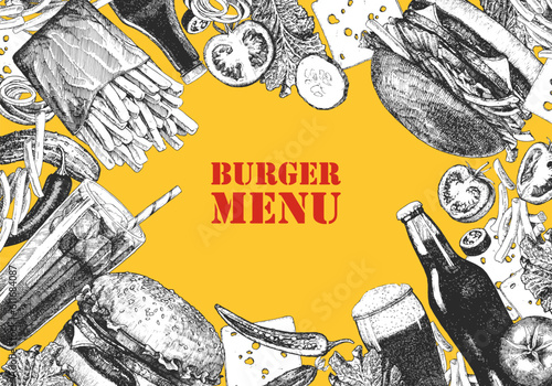 Burger Menu. Hand-drawn illustration of dishes and products. Ink. Vector 