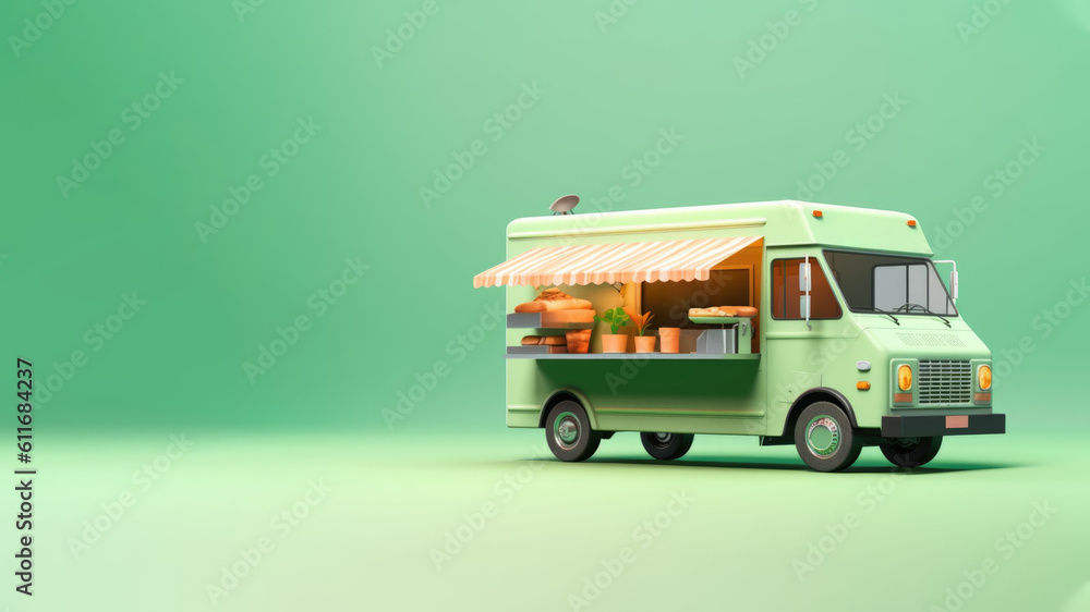 Food truck isolated on green background, takeaway food and drinks van