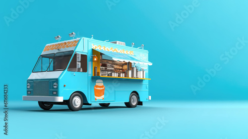 Food truck isolated on blue background, takeaway food and drinks van mock up, 3d style. AI Generated.