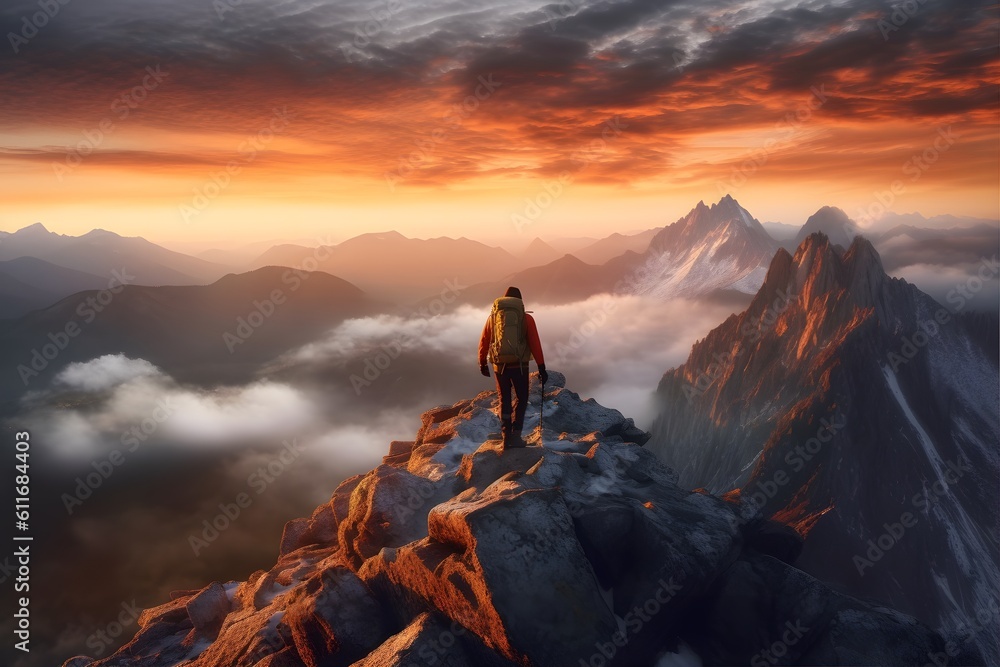 Experience the thrill of adventure with this breathtaking shot of a solo hiker conquering a rugged mountain peak at sunset. Generative ai.