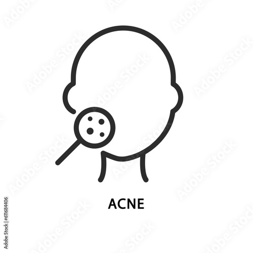 Acne on the face flat line icon. Vector illustration pimples through a magnifying glass. Allergy symptom.