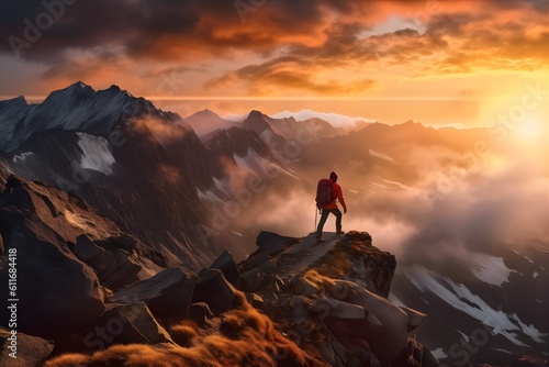 Experience the thrill of adventure with this breathtaking shot of a solo hiker conquering a rugged mountain peak at sunset. Generative ai. © ckybe