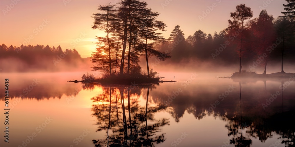 Get lost in the beauty of nature with this serene image capturing a tranquil lake at sunrise, shrouded in mist and surrounded by towering trees. Generative ai.