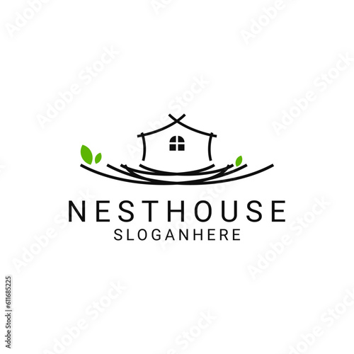Simple and minimalist nest house logo design with leaf symbol