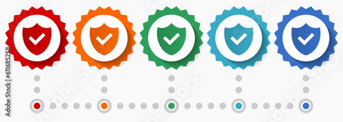 Shield vector icon set, colorful infographic template, set of flat design badge icons in 5 color options