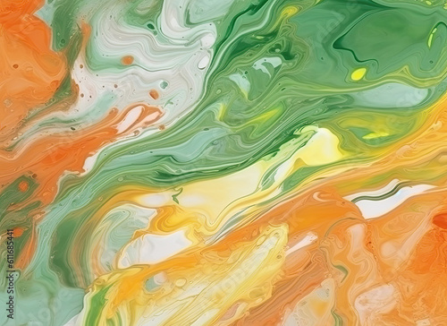 Digital illustration in fluid art style in green and orange colours. Abstract mixing of colored liquid paints
