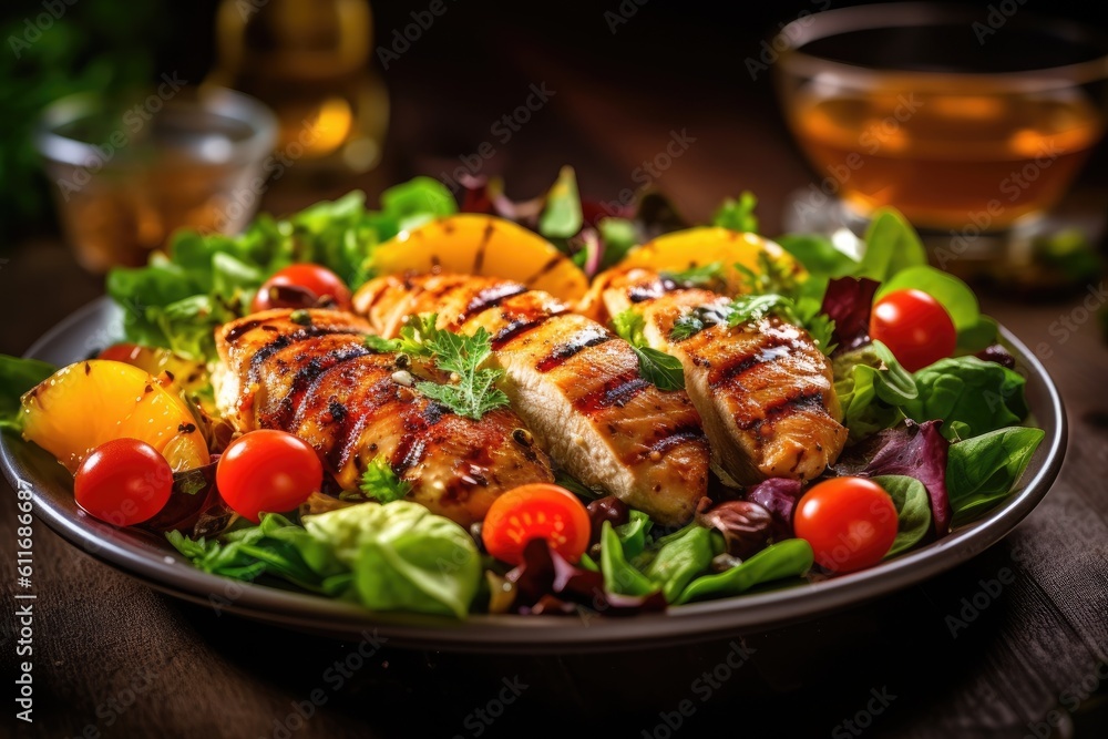 Colorful salad with fresh vegetables and grilled chicken