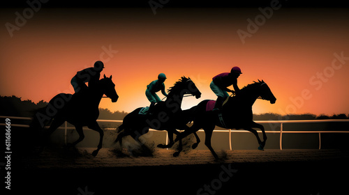 Horse races, jockey and his horse goes towards finish line. Traditional European sport.