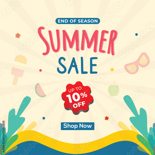 Summer sale promotion,10 percent off poster, banner, social media template illustration