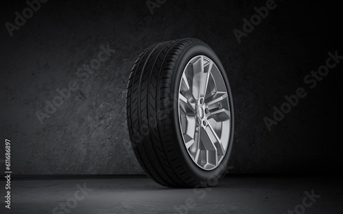3d rendering Car tires pile up concrete background
