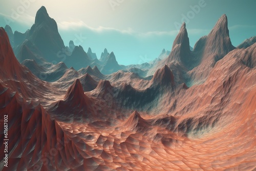 A surreal illustration of a distorted or manipulated natural landscape, such as a valley or plateau, Generative AI © MANOEL