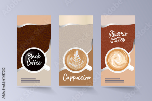 vector illustration pack of cappuccino coffee, black coffee and mocha latte coffee, can be used in, bottle, box and other packaging