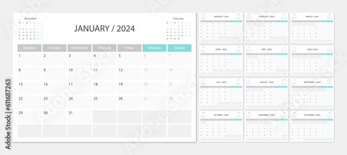 Calendar 2024 week start Monday corporate design planner template. Calendar planner 2024.