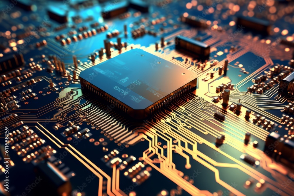 Illustration of a central processing unit (CPU) chip within a computer circuit board created with Generative AI technology Illustration of a central processing unit (CPU) chip within a computer circuit board created with Generative AI technology