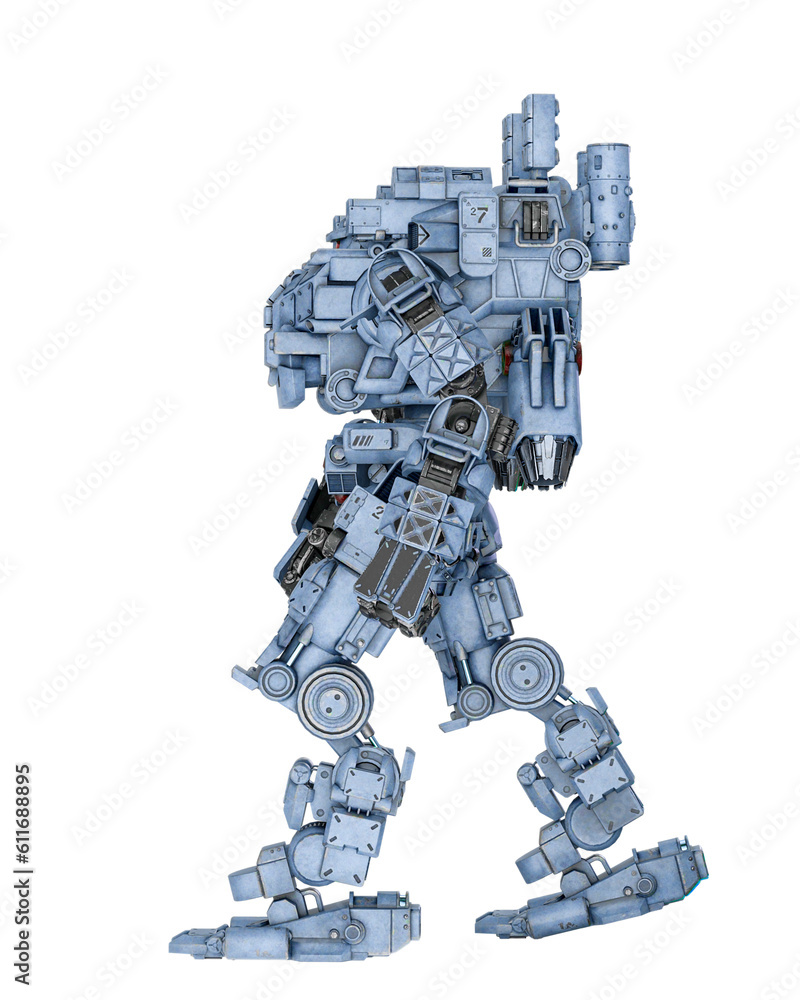 piloted combat sci-fi armor mech unit painted out in coyote tan is walking on side view piloted combat sci-fi armor mech unit painted out in coyote tan is walking on side view