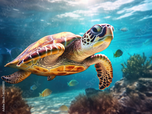 Cute sea little turtle swimming in the underwater