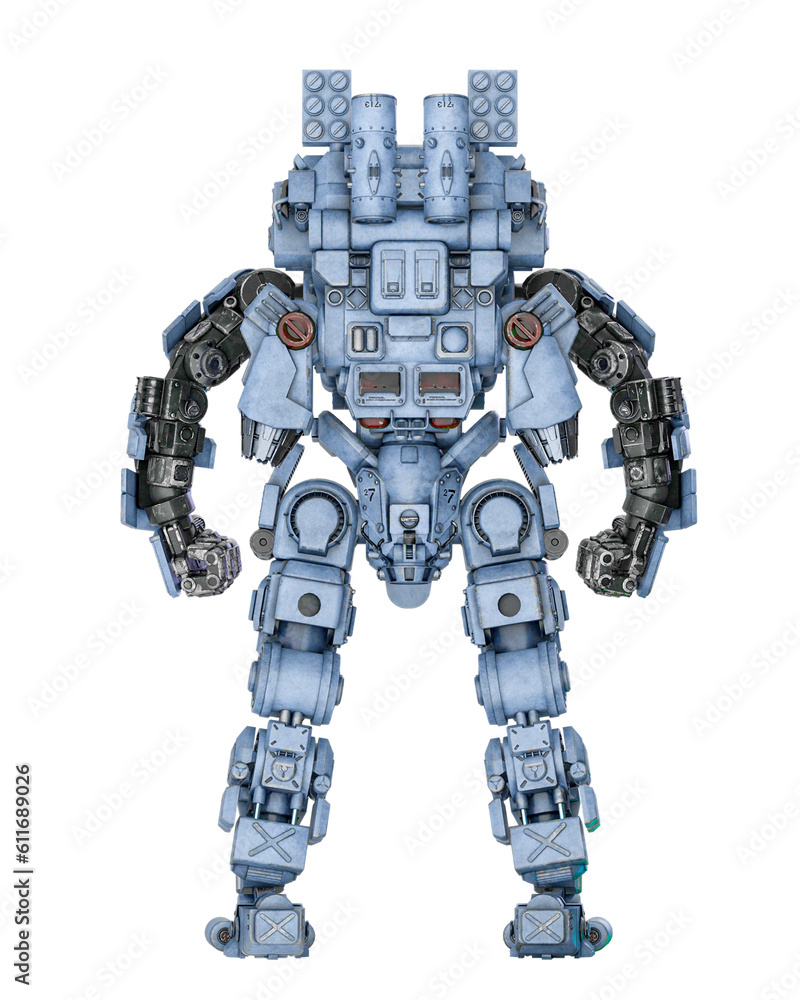 piloted combat sci-fi armor mech unit painted out in coyote tan is standing up and ready for war on rear view piloted combat sci-fi armor mech unit painted out in coyote tan is standing up and ready for war on rear view
