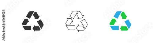 Recycle icon on light background. Reusable symbol. Eco, organic, trash, recycling, green product, package productions. Outline, flat and colored style. Flat design. Vector illustration