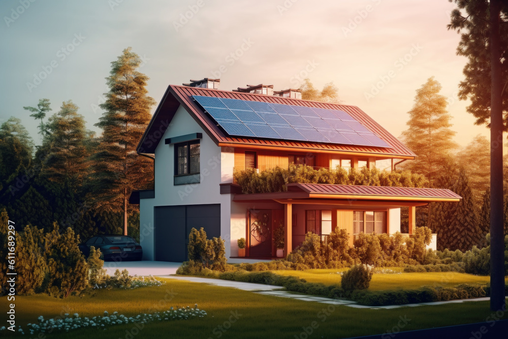 a modern house with solar panels on the roof Clean and sustainable energy under the warm sky of the evening sun. generative AI