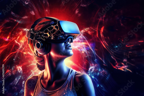 Young fashionable woman with colorful vr headset touching state of consciousness future virtual world technology. Generative ai