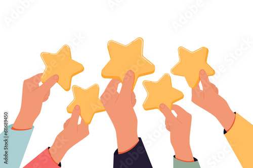 Vector of Hand giving five star rating. Customers choose a satisfaction rating and leave positive feedback.