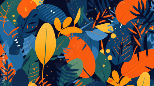 Background of abstract, colorful, jungle leaves by generative AI