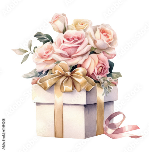 Watercolor roses flowers in a gift box, summer flower bouquet, Generative AI, png image.