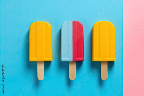 Polos de helado de colores con palo sobre fondo azul. Ilustracion de IA generativa 