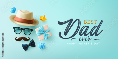 Father's Day poster or banner template with Hat,Necktie,Men's glasses,Moustache and Gift box.Best dad ever quotes.Greetings and presents for Father's Day in flat lay styling