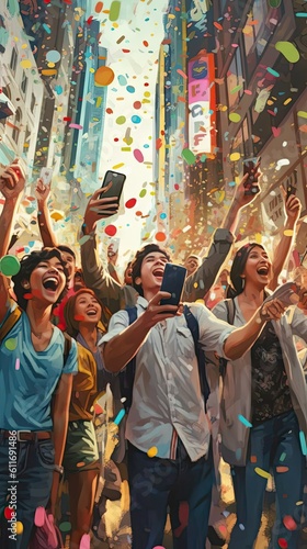 Depict the excitement of a dynamic social media campaign, showcasing a diverse group of people engaged in online interactions and content creation generated AI