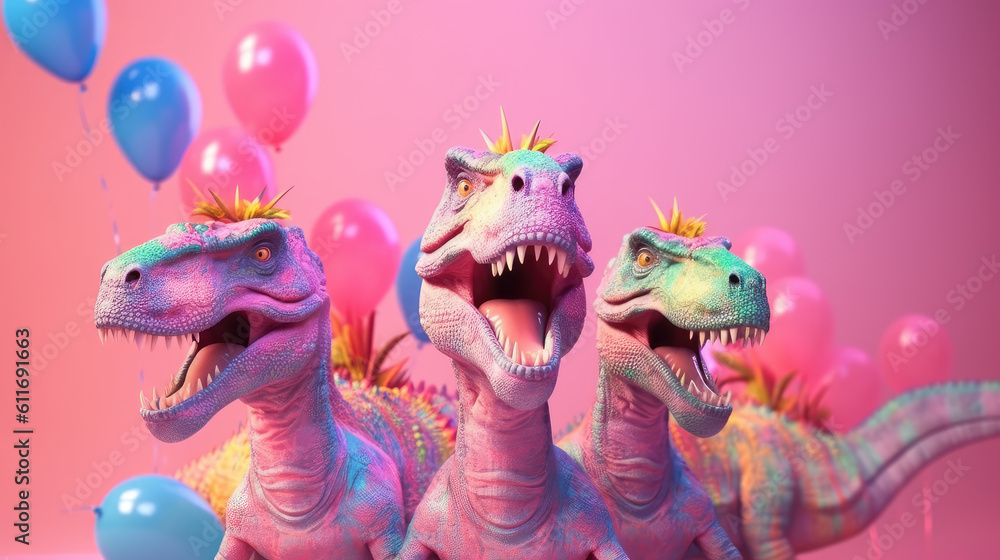 Naklejka premium Illustrated dinosaurs party concept, small cute dinosaurs with birthday balloons having fun, on pastel pink background. Party animal. Illustration, Generative AI.