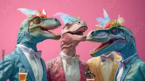 Illustrated dinosaurs dressed in fashionable suit , having party. Small cute dinosaurs with floral hats having fun and drinking. Pastel pimk background. Party animal concept. Generative AI. © Jasmina Stokic