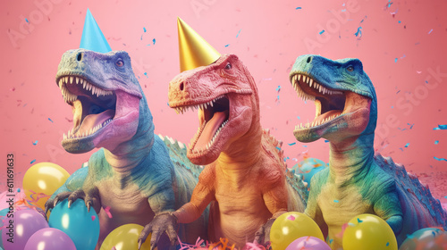 Fototapeta Naklejka Na Ścianę i Meble -  Illustrated dinosaurs party concept, small cute dinosaurs with birthday cap having fun, confetti and balloons on pastel background. Party animal. Illustration, Generative AI.