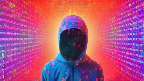 Illustration of hacker with hood on his head and dark unrecognized face in shadow, standing in psychedelic metaverse world. Big space full with holograms. Digital, parallel world. Generative AI.