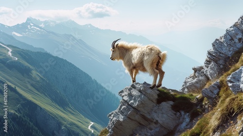 Goat On Mountain Cliff, Generative AI Illustration © Yana Art and Design