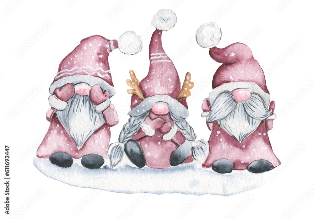 Watercolor three gnomes in Christmas. Watercolor hand drawn illustration. Winter holiday.See nothing, hear nothing, say nothing.