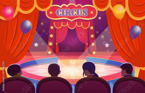 Circus arena with a round stage for the show with a red open curtain and red seats with people.  Arena with a curtain. Interior with  balloons.