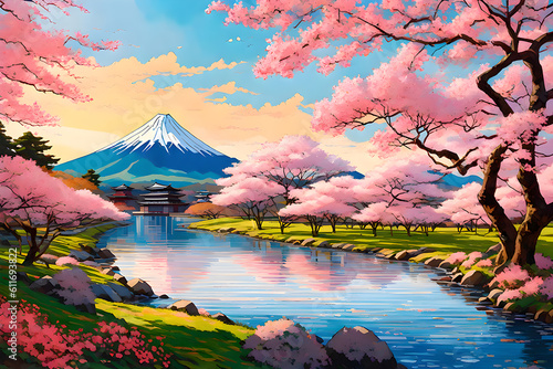A illustration of Mount Fuji and sakura blossoms paints a serene and picturesque scene, capturing the harmonious beauty of Japan's iconic mountain and the delicate charm of cherry blossoms | Generativ photo