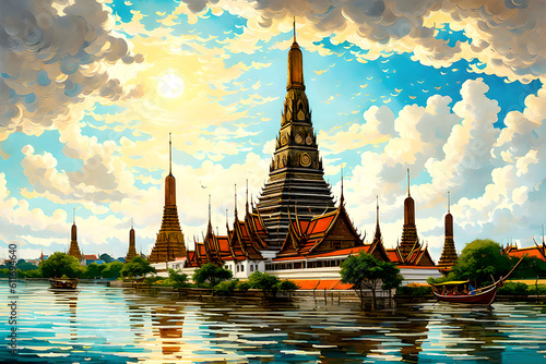 illustration of Wat Arun, the Temple of Dawn, transports you to the banks of the Chao Phraya River in Bangkok, where the temple's majestic spires rise in a dazzling display of Thai. | Generative AI