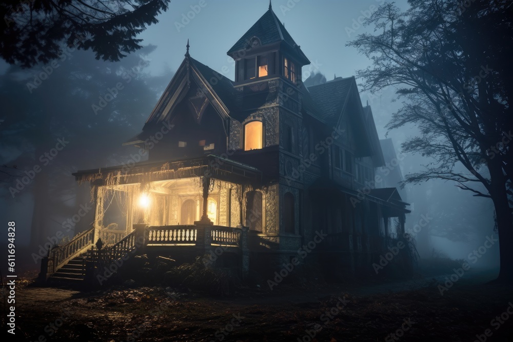 Photo of a scary house in a mysterious woodland. Halloween concept. Generative AI Photo of a scary house in a mysterious woodland. Halloween concept. Generative AI